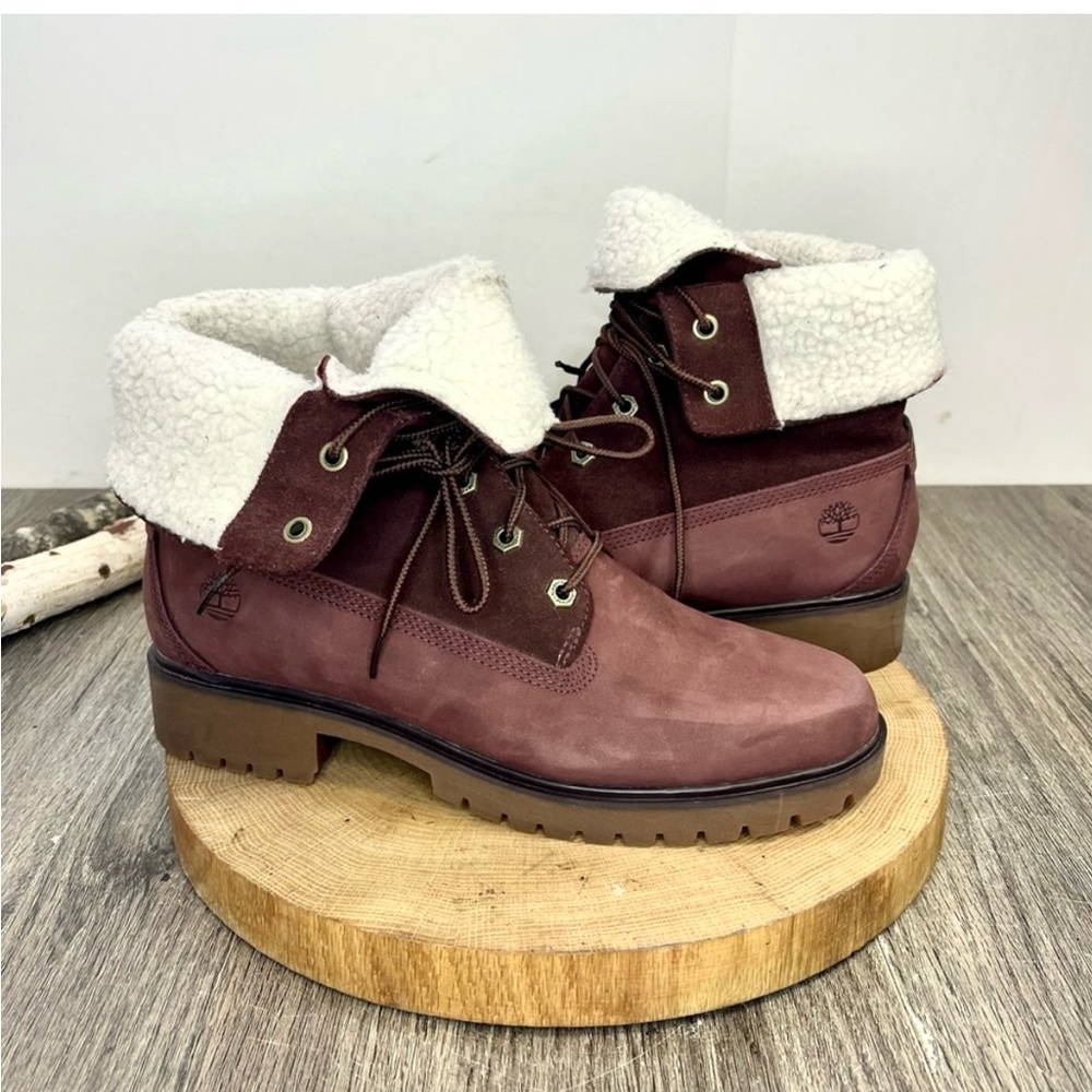 *Timberland | Waterproof Foldover Teddy Fleece Red Leather Suede Bootie Size 9.5 - Picture 3 of 16